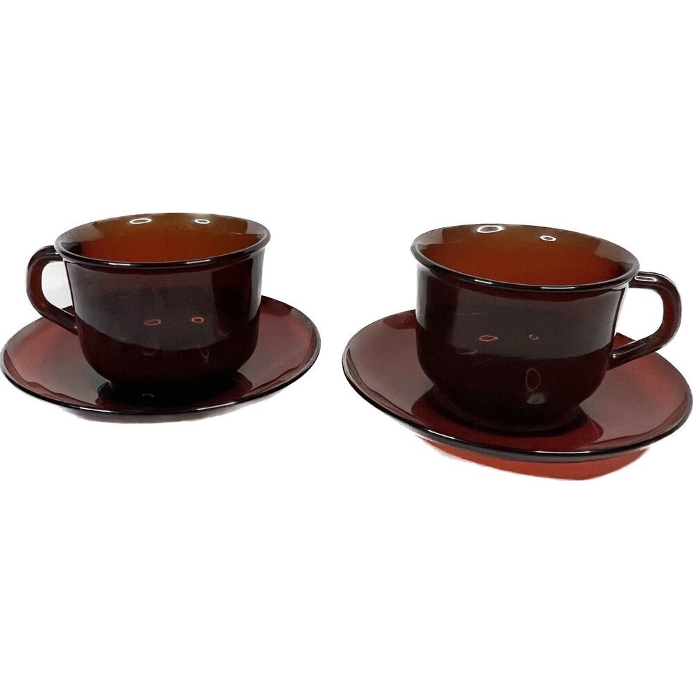 Vintage Glocoloc France Ruby Red Glass Cups & Saucers Set of 2 Valentines Xmas